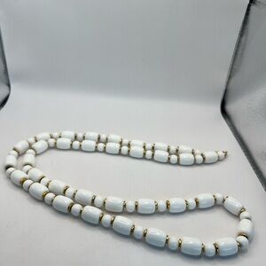 Vintage Crown Trifari White bead and gold tone long necklace